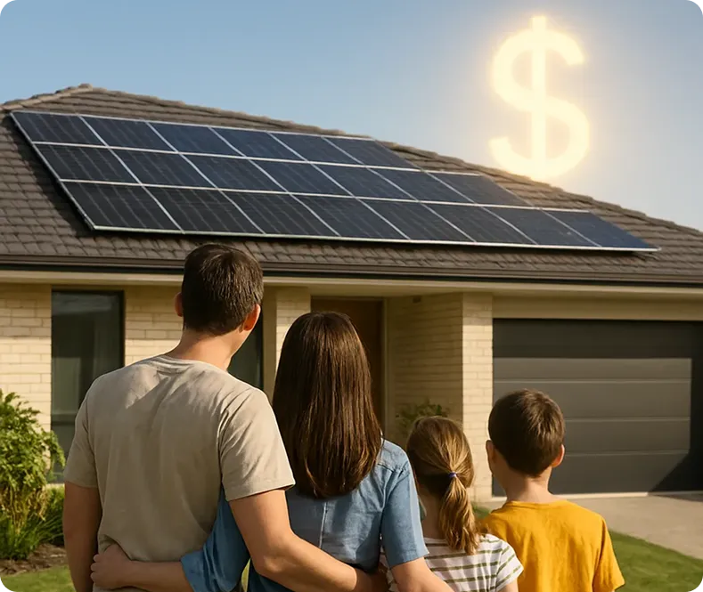 A family of four standing together in front of their home, looking at solar panels with a glowing dollar sign showing energy cost savings