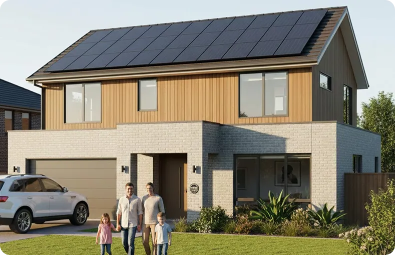 Family standing outside home featuring a large rooftop solar array for energy savings