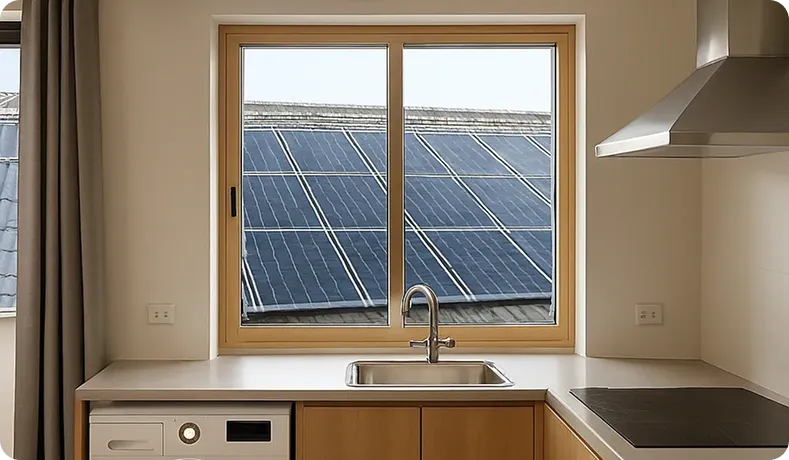 A modern kitchen with a view of solar panels on the roof outside the window, plus a washer and AC unit inside- showing clean energy powering real home life.