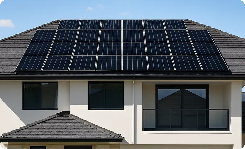 Modern family home with solar panels across the entire roof, set against a clear sky proving eco-friendly power fits any style.