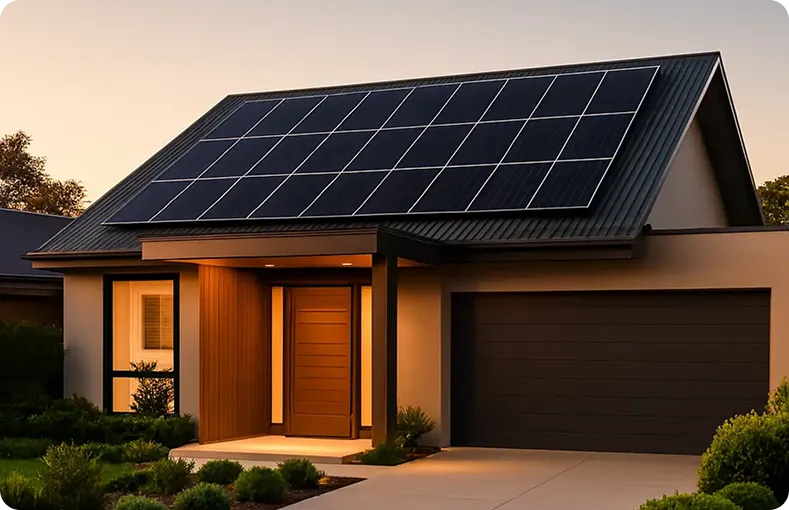 Modern home with solar panels on the roof at twilight, warmly lit from within showing solar power working after sunset.