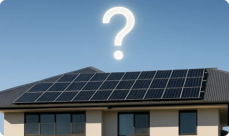 Solar panels on a sunny home with a big question mark floating in the sky—perfect for anyone thinking about clean energy.