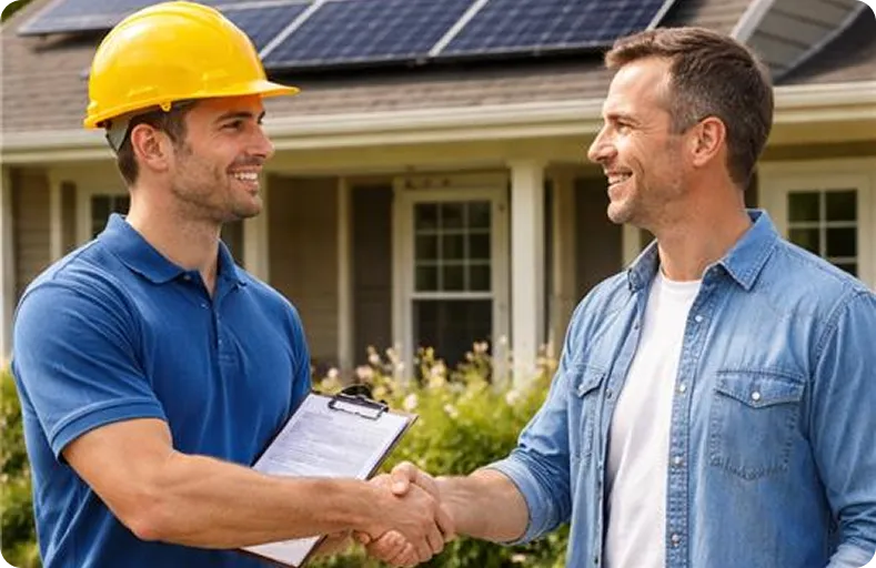 A solar technician in a yellow hard hat shaking hands with a homeowner in front of a house with rooftop solar panels