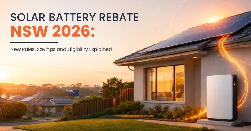 Solar battery rebate NSW 2026 banner showing home solar panels and battery storage system
