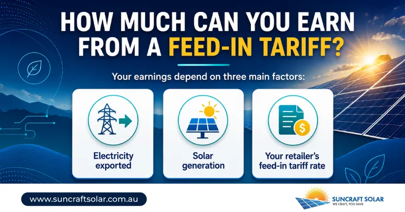 Infographic by Suncrafts Solar explaining how solar generation and electricity exports affect your feed-in tariff earnings