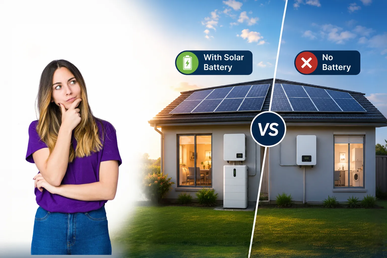 
                             A woman thinking about solar energy, showing a side-by-side comparison of a house with a solar battery versus a house with no battery