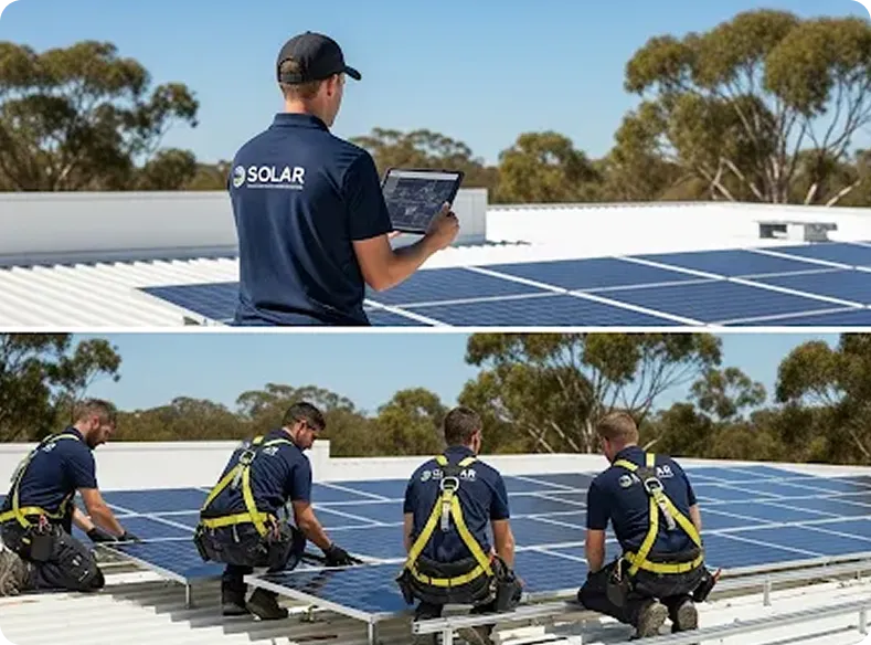 Solar technicians working together on a roof—checking panels with a tablet and installing solar arrays on a sunny day