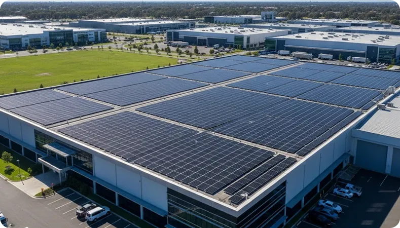 Solar panels covering the rooftop of a commercial building in an industrial park