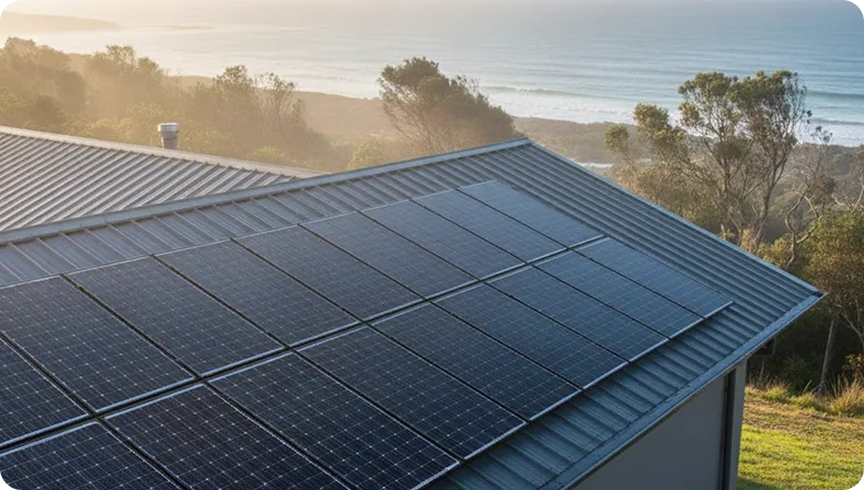 Australian coastal home equipped with corrosion-resistant black solar panels and weather-tested mounting hardware designed for harsh seaside environments.