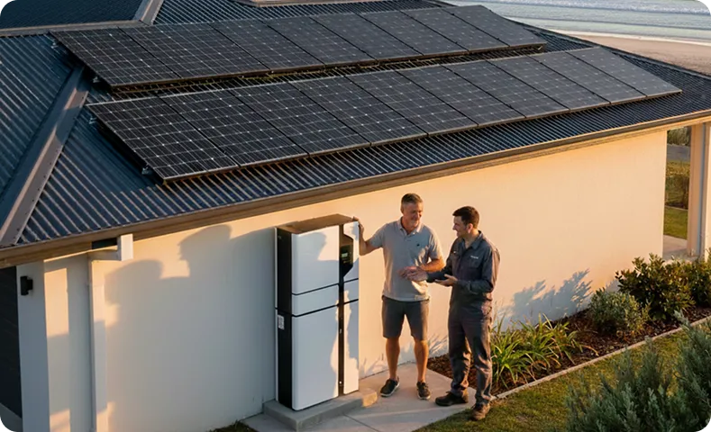 Coastal Australian home with rooftop solar panels and solar battery storage, homeowner discussing installation with solar technician.