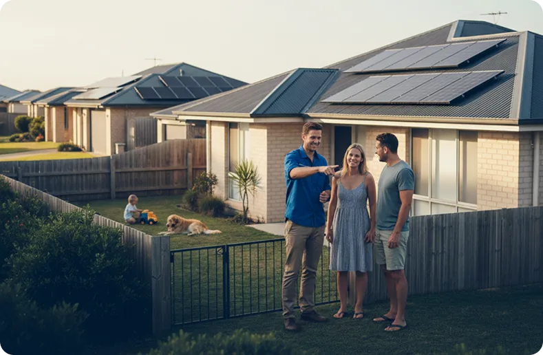 Solar technician and local residents outside a modern Australian home, showcasing SUNCRAFT SOLAR’s commitment to supporting Central Coast families and businesses.