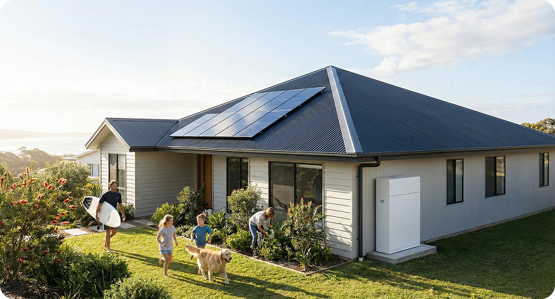 Modern Central Coast home with black rooftop solar panels installed, showing how local households benefit from abundant sunshine and rising energy independence.