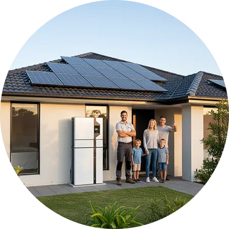 Australian family standing outside their home featuring a modern rooftop solar panel system and solar battery storage unit.