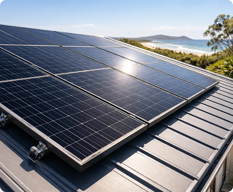 Sunshine Coast solar power system built for coastal conditions with premium rooftop solar panels overlooking the Queensland coastline