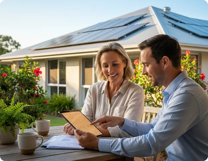 Queensland homeowner reviewing solar rebates and savings with a consultant outside a solar-powered home, representing STCs, local council incentives, and feed-in tariffs.
