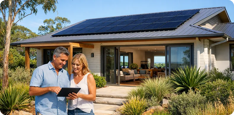 Residential solar installation on a Sunshine Coast home with rooftop solar panels and homeowners planning clean energy savings