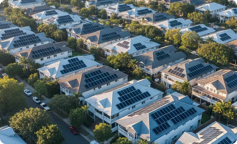 Aerial view of an Australian suburban neighbourhood with modern homes featuring rooftop solar panels, showcasing residential solar energy systems, sustainable housing, and clean renewable power adoption.
