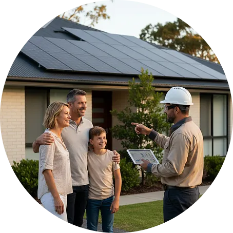 Solar installer consulting a family at an Australian home with rooftop solar panels, explaining residential solar system benefits and professional solar installation services.