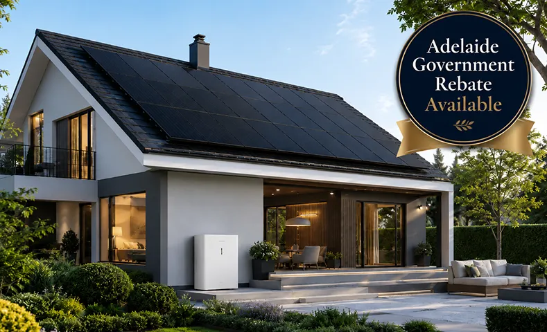 Modern home with solar panels and battery storage featuring an Adelaide government rebate available.