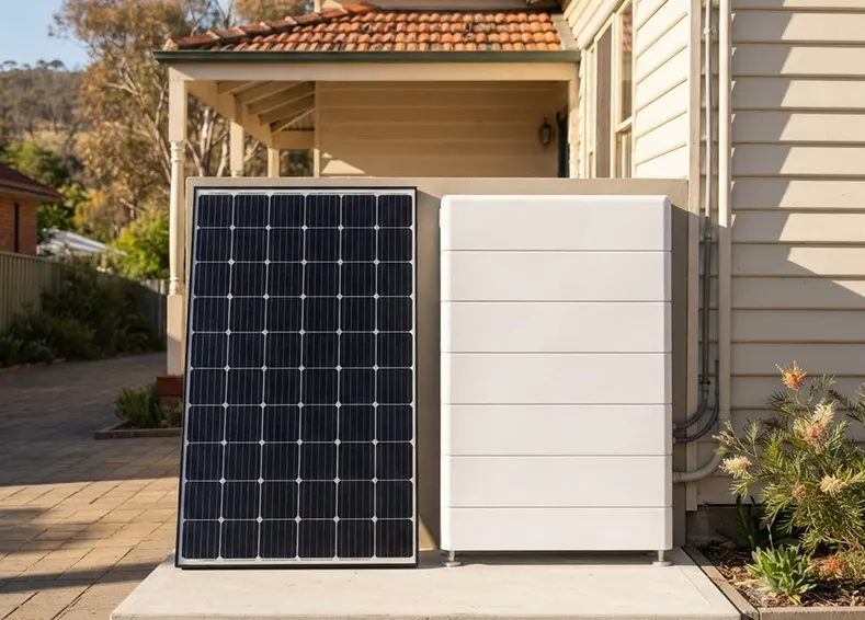 Solar panel and white battery storage system installed on concrete pad beside a traditional cream-colored house with terracotta roof tiles