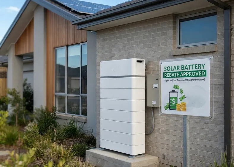 Modern home with solar panels and white battery storage system, featuring a solar battery rebate approved sign in the front yard