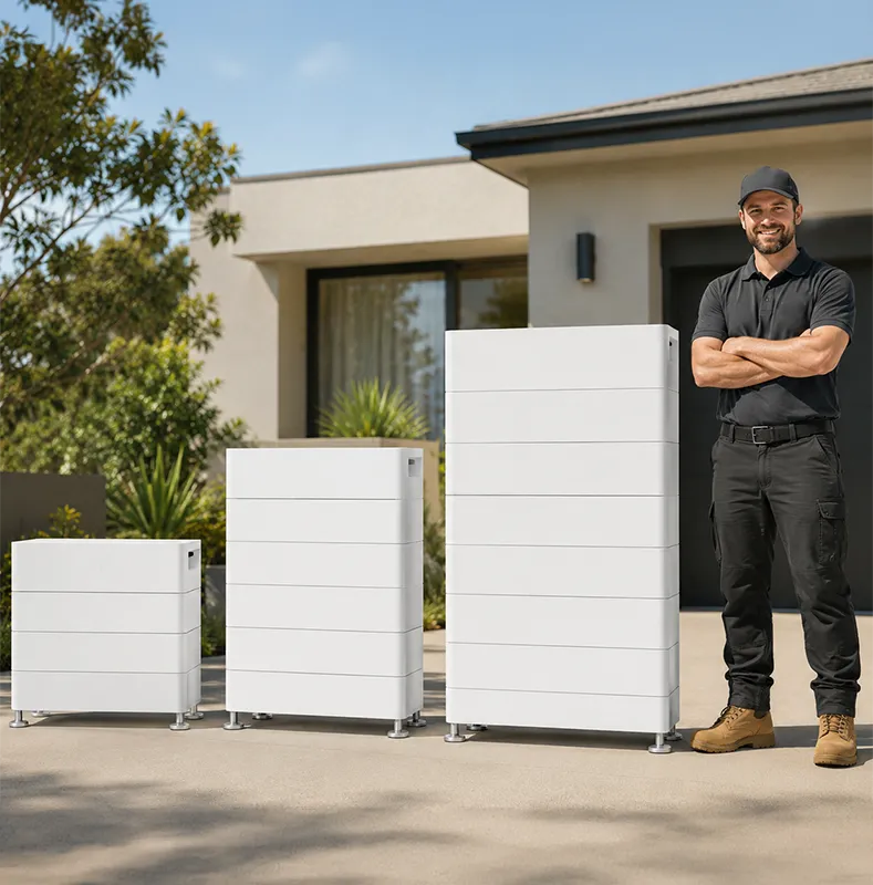 Solar installer showcasing small, medium, and large modular home battery systems outside a modern house.