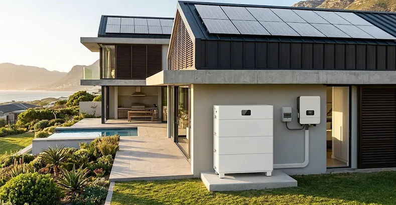 Western Australian coastal home with rooftop solar panels and a home battery system, as a WA solar installer explains solar and battery benefits to homeowners in a modern suburban setting.