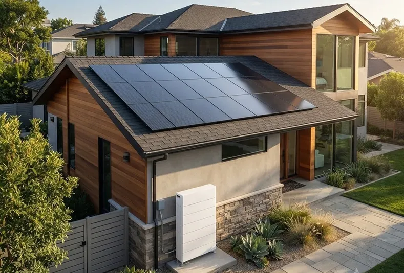 A modern wood and concrete house with rooftop solar panels and a white battery storage unit in the front yard.