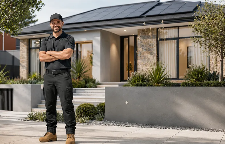 Professional solar technician standing confidently with arms crossed in front of a modern home with rooftop solar panels
