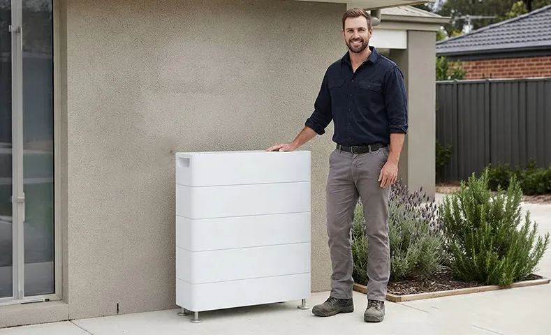 Man standing proudly next to a white home battery storage system installed outside a house with solar panels.
