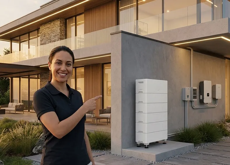 A smiling woman pointing at a large white home battery storage system installed outside a modern house.