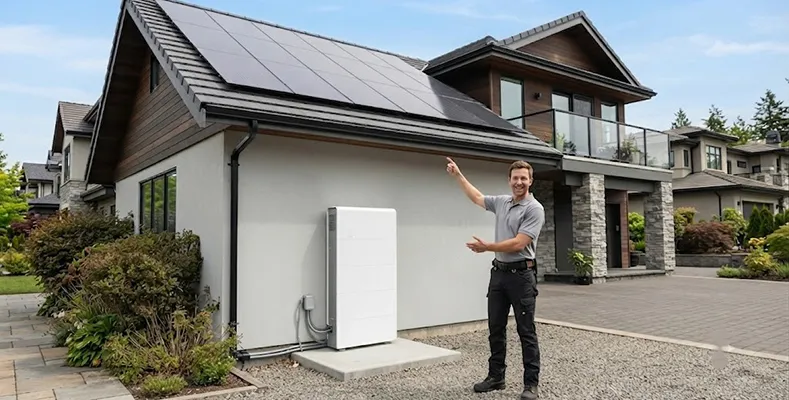 A smiling man gesturing towards a white home battery storage unit installed outside a modern house with rooftop solar panels.