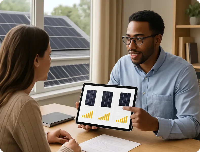 Solar consultant reviewing energy data with a client, tablet showing panel diagrams and bar charts, sunlight streaming in