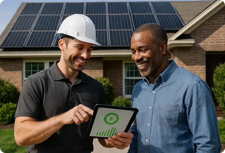 Solar installer showing financial benefits on a tablet to a homeowner, both smiling, rooftop panels glowing in the sunlight.