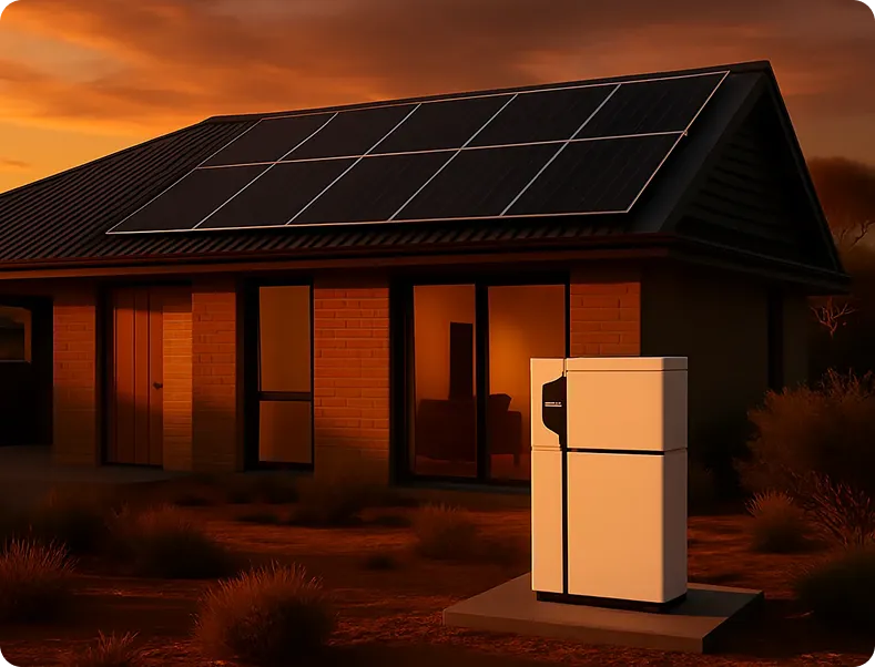 Peaceful sunset scene: modern brick house with solar panels, battery unit in the yard, and desert landscaping