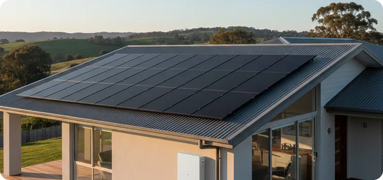 Modern residential solar system installed on rooftop of an energy efficient home in Australia