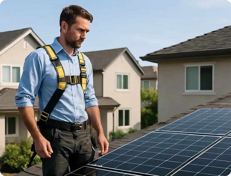 Solar installer working on rooftop panels, focused on the job with houses and greenery in the background