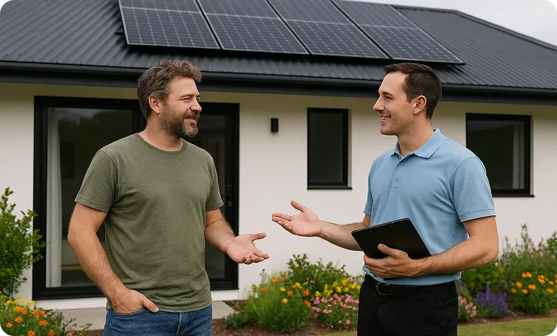 Solar consultation moment: two men talking outside a home with solar panels, surrounded by vibrant garden flowers