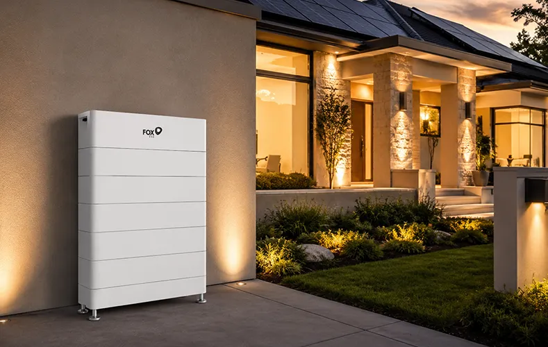 A white home battery storage unit installed outside a modern house with warm outdoor landscape lighting at dusk.