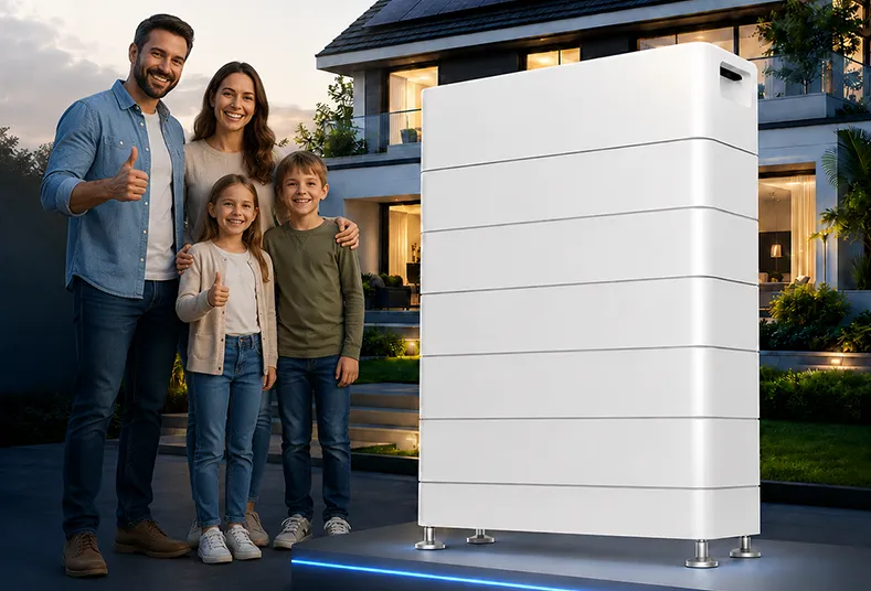 A happy family giving thumbs up next to a large white home battery storage unit with blue LED lighting, in front of a solar-powered house.