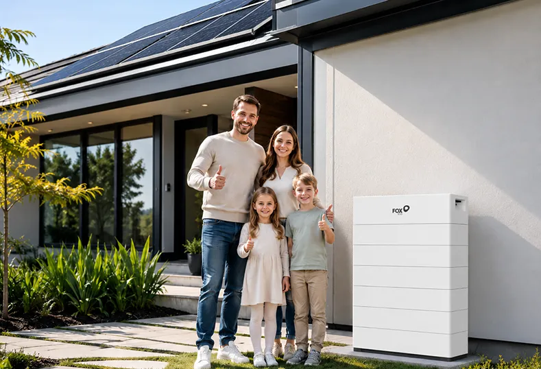 A happy family of four giving thumbs up next to a white Fox home battery storage unit outside a modern house with solar panels.