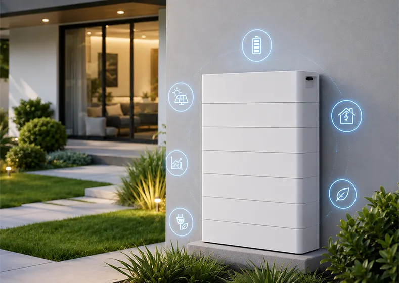 A white home battery storage unit installed outside a modern house, surrounded by glowing blue icons highlighting its smart energy features.