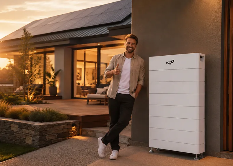 Man leaning against a wall next to a Fox home battery unit, with solar panels visible on the roof and warm evening lighting.