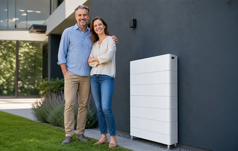 A smiling couple standing next to a large white home battery storage unit outside their modern house.