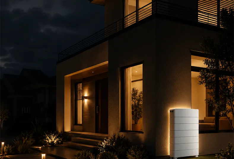 A white home battery storage unit lit up by a garden light outside a modern house at night.