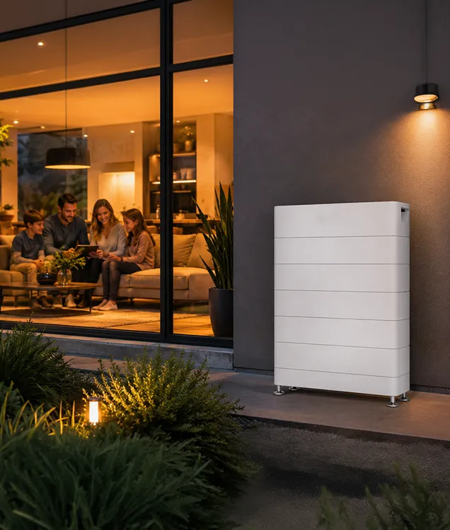 Residential battery system installed outside a contemporary home at dusk, with parents and children relaxing together inside.