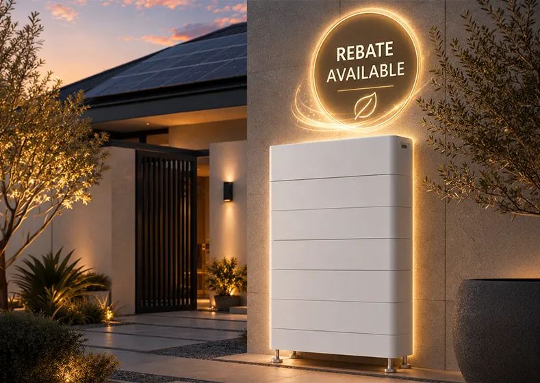 A white home battery storage unit installed outside a modern house at dusk, featuring a glowing 