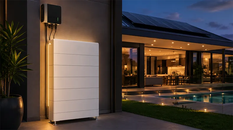 A white home battery storage unit with wall-mounted inverter installed outside a luxury modern house with warm evening lighting.