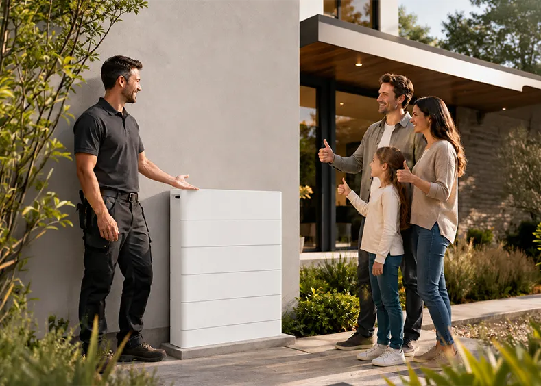 Technician standing beside a white home battery storage unit with satisfied homeowners - parents and child - showing their approval after installation.