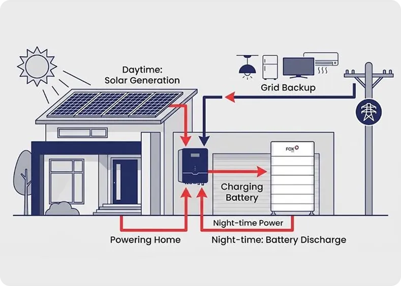 Solar panels generate power during the day, charge the battery, and power your home at night.
